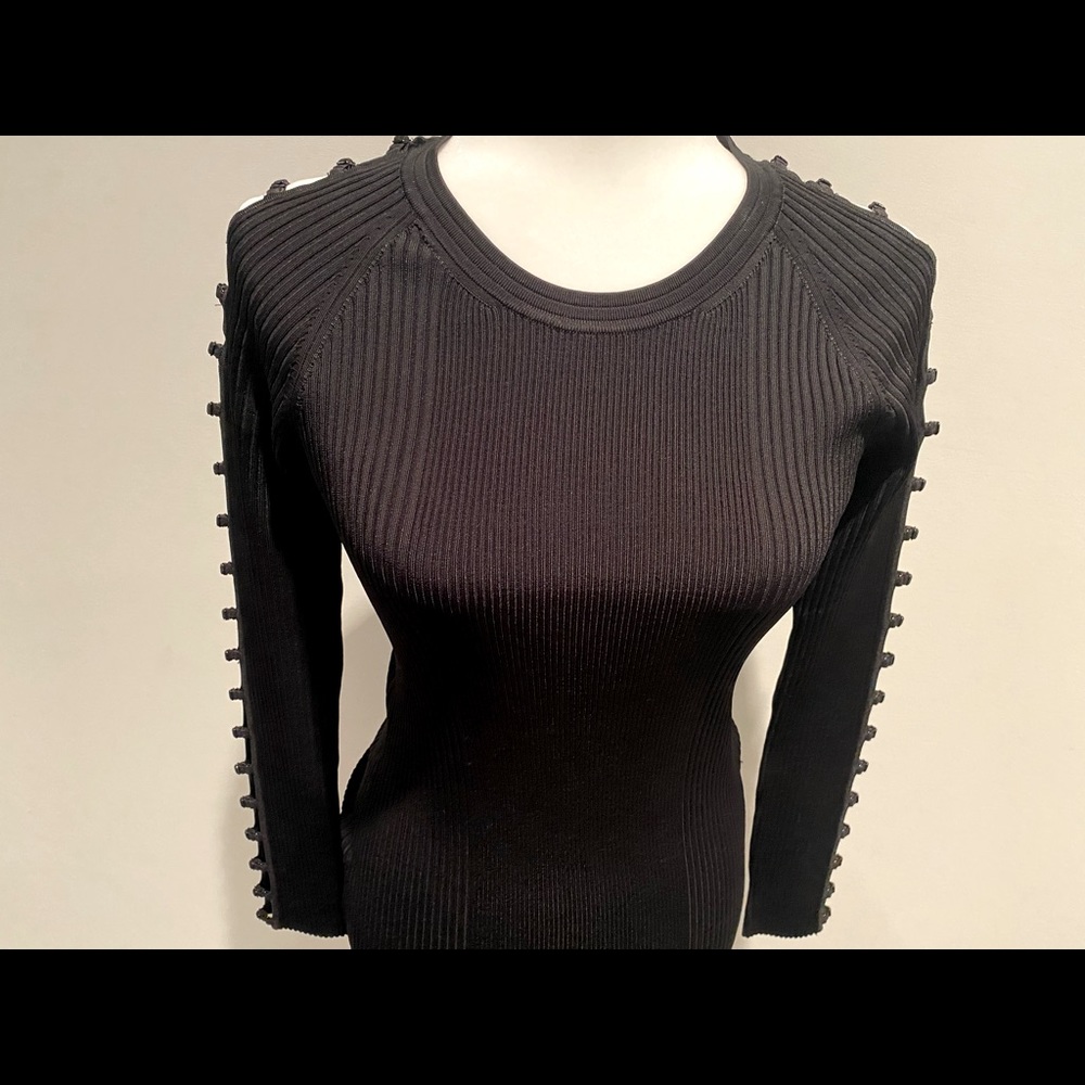 Alexander Wang Black Ribbed Mini Dress with Button-Trim Sleeves